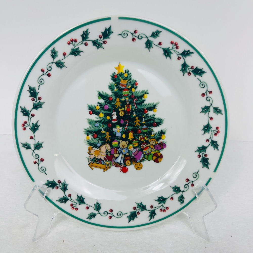 Holiday Market Salad Plate 7.5 Christmas Tree Toys Holly Berry White Green Exc